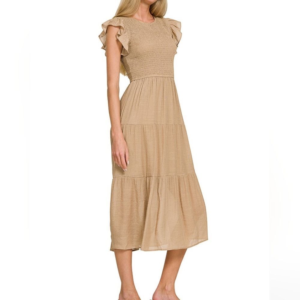 Last ◇Zenana Woven Smocked Ruffle Sleeve Women's Midi Dress  Lt. Mocha sz Medium